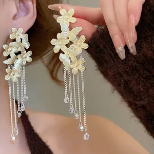 Butterfly Flower Long Tassel Drop Earrings Alloy Crystal Vintage Elegant Women Jewelry With 925 Sterling Silver Earring Post