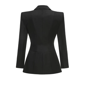 Back view detail of black blazer dress showing cinched waist and pleated hem design