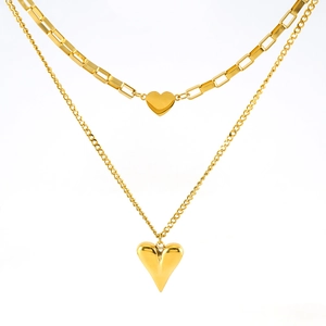 Double-layer gold stainless steel necklace featuring layered chains and heart pendants