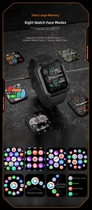 Detail showing 8 menu UI modes and 12 watch faces for the rugged outdoor smartwatch