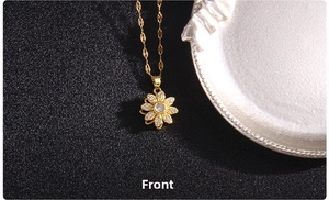 Detailed front view of a gold-toned rotating clover necklace with inlaid zircons