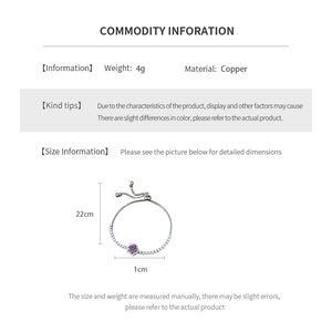 Détail du bracelet ajustable en cuivre avec pierre violette ronde et ses dimensions