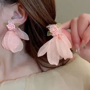 Elegant pink tulle flower earrings with beads and green leaf charm for women