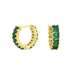 Detailed view of gold plated S925 silver earrings with sparkling emerald green zircon stones