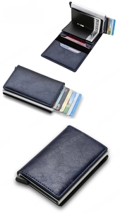 Blue RFID leather wallet detail showing cash slot, card pop-up mechanism and folded view