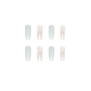 Icy blue glitter press on nails in long coffin shape with mint green glossy finish