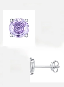 Macro detail of S925 sterling silver stud earring with violet rose-cut cubic zirconia