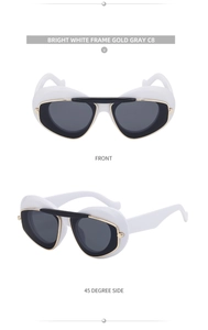 Detailed front and side views of bright white cat-eye sunglasses with gold accents