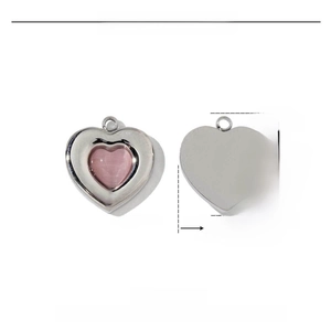 Macro view of 14mm heart pendant with pink natural stone and stainless steel base