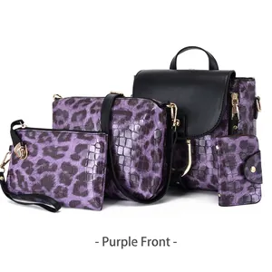 Purple leopard and crocodile print 4-piece women's handbag set including backpack