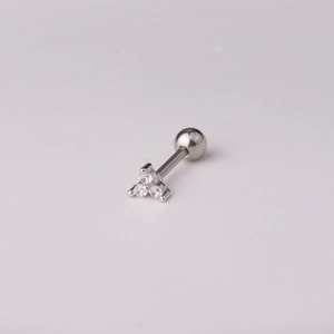 Silver 16G stainless steel stud earring featuring three clear zircons in a floral design