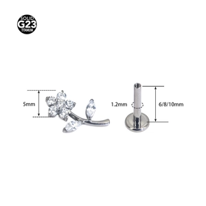 F136 titanium labret stud with zircon rose flower design for cartilage and lip piercings