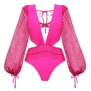 Neon rose pink deep V-neck one-piece swimsuit with lace long sleeves and beaded fringe