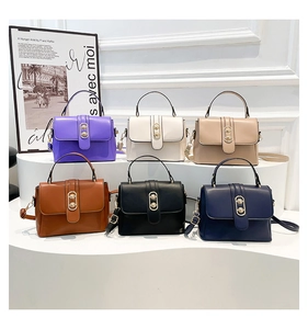 Showcase of six minimalist leather crossbody bags in purple, white, beige, brown, and black