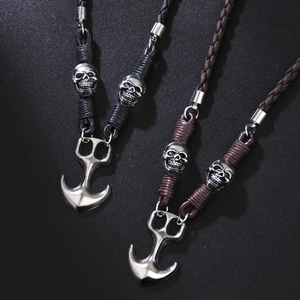 Retro anchor and skull pendant necklaces with black and brown braided leather chains