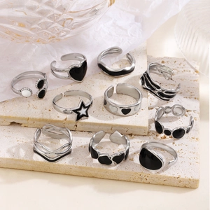 Stainless Steel Adjustable Rings For Women Black Enamel Heart Star Geometric Ethnic Retro Open Band Non Fading Jewelry
