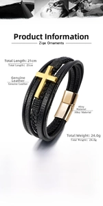 Close-up of multilayer leather bracelet with golden cross and magnetic alloy clasp