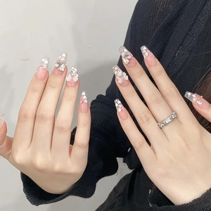 Handmade pink gradient coffin press-on nails with 3D butterfly, hearts and pearls