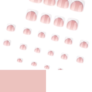 French white press-on toenails with silver glitter lines on pink base, 24 pieces set