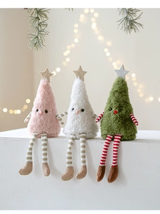 Detail of plush Christmas tree dolls with striped long legs and glitter star toppers