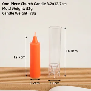 Macro shot of 14.8cm acrylic candle mold with dimensions and finished orange candle
