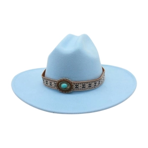 Light blue wool felt western cowboy hat with ethnic style turquoise band and wide brim