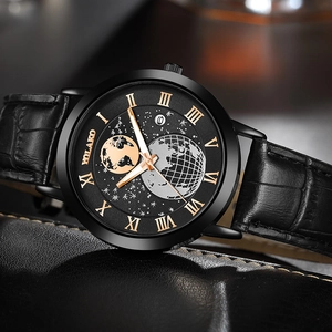 Stylish men's watch featuring a black earth calendar dial and black leather strap