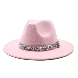Pink wool fedora hat with elegant silver rhinestone crystal band decoration