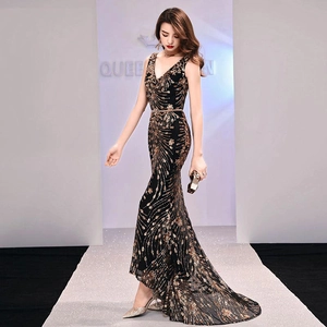 Sequin V Neck Sleeveless Mermaid Evening Gown Long Formal Party Prom Dress For Women Elegant