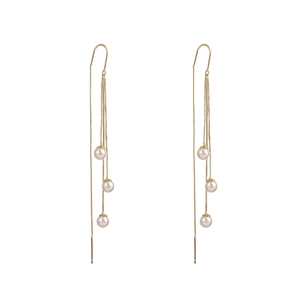 Elegant gold-plated long chain tassel earrings with glossy pearl accents for women