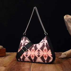 Aztec bohemian shoulder bag with pink geometric patterns and silver chain details