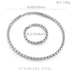 Polished stainless steel jewelry set with 8mm box chain necklace and matching bracelet