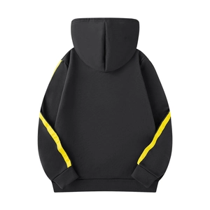Detail view of the black sports hoodie back with yellow contrast stripes on sleeves