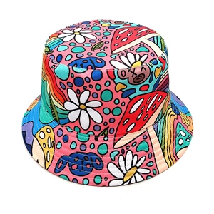 Colorful mushroom and cartoon bear print bucket hat with reversible sun protection design