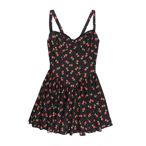 Detailed flat lay of black cherry print dress with delicate lace cups and spaghetti straps
