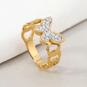 Luxury Stainless Steel Butterfly Rhinestone Open Ring For Women Gold Plated Hollow Teardrop Adjustable Finger Ring Jewelry