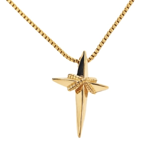 Gold star cross pendant necklace in stainless steel with rope detail and box chain
