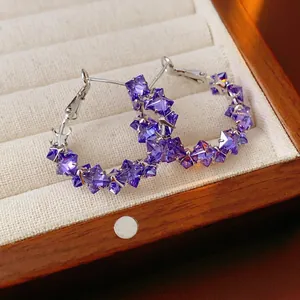 Purple Zircon Hoop Earrings Geometric Faceted Copper Jewelry With Silver Earring Post Retro Elegant Style For Women