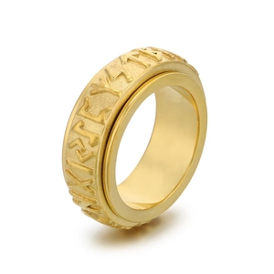 Spinning gold Viking rune ring in titanium steel with vintage embossed patterns