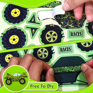 Detail showing peeling and DIY application process of off-road vehicle racing stickers