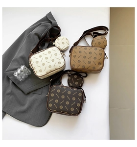 Detail of multi-color PU leather crossbody bags with monogram and matching coin purse