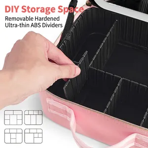Pink waterproof PU cosmetic organizer box with LED mirror and adjustable ABS dividers