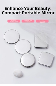 Macro shot of polished silver folding pocket mirrors in round and square geometric shapes