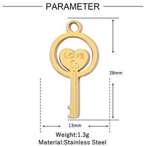Technical drawing of a gold stainless steel key pendant with LOVE engraved on the heart