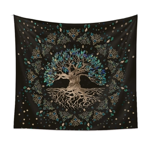 Detail of tree of life tapestry with Celtic knot patterns and vibrant blue green leaves