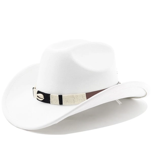 Close-up of white felt cowboy hat featuring woven band and decorative seashell detail