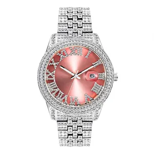 Silver luxury watch for men with pink sunray dial and iced-out crystal pavé details