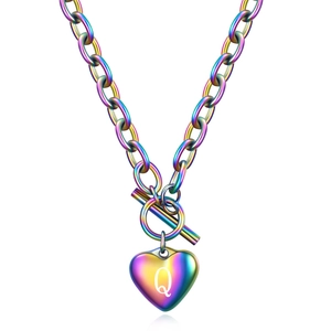 Close-up of rainbow plated heart pendant with letter Q on heavy duty OT toggle chain