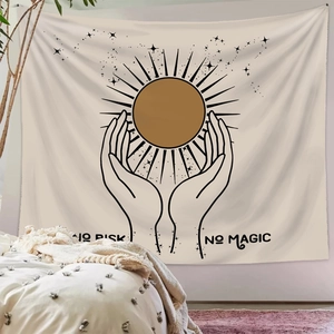 Tapisserie bohème avec design soleil et mains et texte NO RISK NO MAGIC pour la décoration