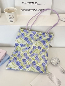 Ins style floral canvas tote bag with purple flower patterns and purple PU straps